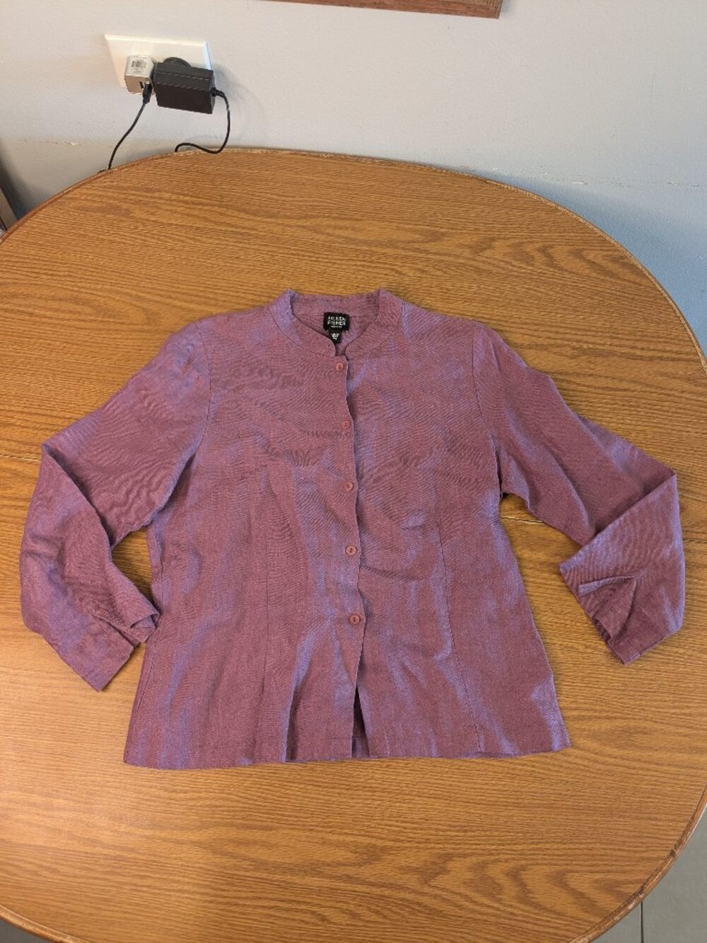 eileen fisher petite PS purple 100% linen top 3/4 sleeve summer button down